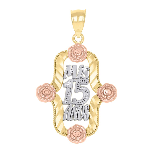 14K Gold Womens Tri-Color Diamond-Cut 15 Anos Flower Quinceanera Ht:31Mm Pendant Charm