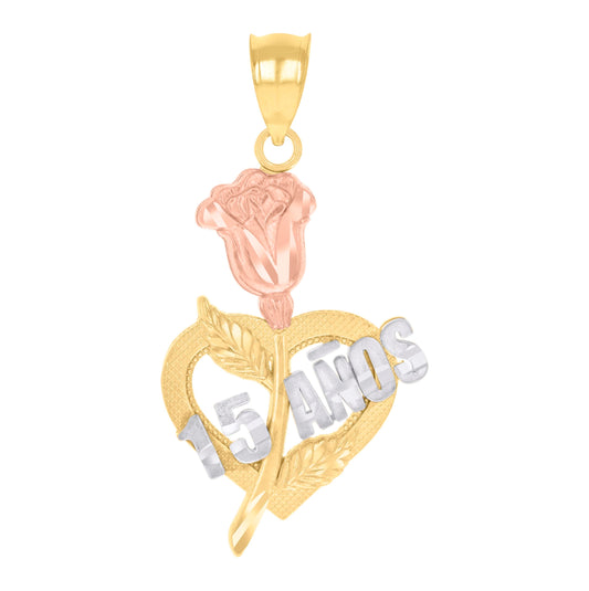14K Gold Womens Tri-Color 15 Anos Rose Heart Quinceanera Ht:20Mm Pendant Charm