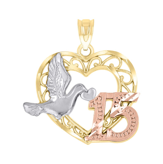 14K Gold Womens Tri-Color 15 Anos Pigeon Heart Quinceanera Ht:23Mm Pendant Charm