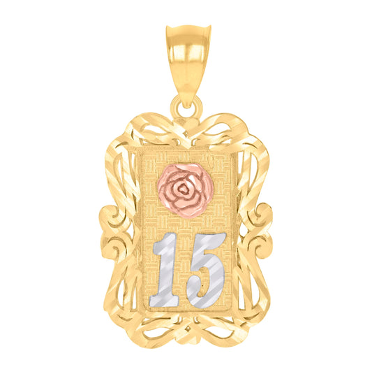 14K Gold Womens Tri-Color Diamond-Cut 15 Anos Quinceanera Ht:25.4Mm Pendant Charm