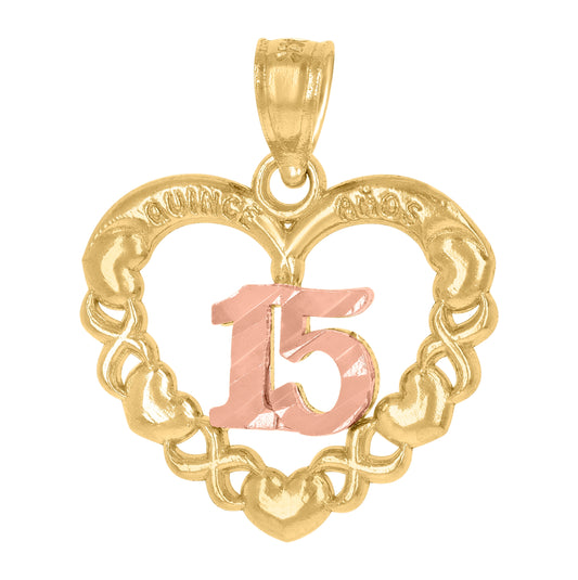 14K Gold Womens Two-Tone Diamond-Cut 15 Anos Heart Quinceanera Ht:18.9Mm Pendant Charm