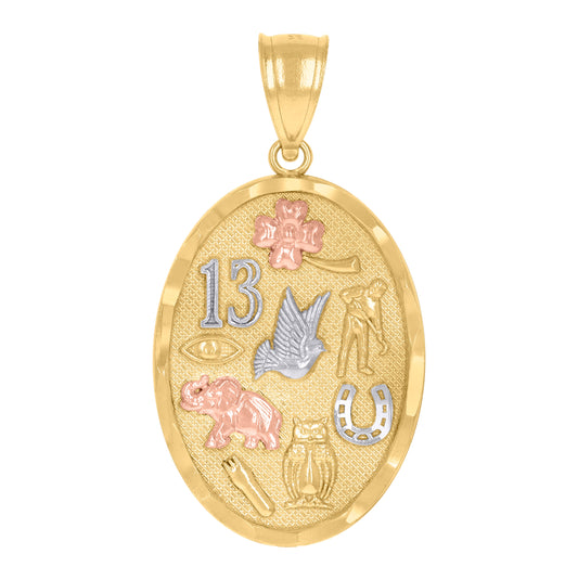 14K Gold Unisex Tri-Color No.13 Elephant Owl Horse Shoe Clover Lucky Oval Amulet Good Luck Pendant Charm