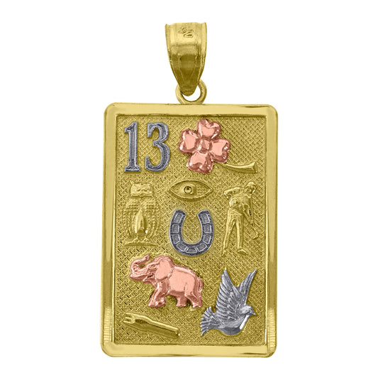 14K Gold Unisex Tri-Color No.13 Elephant Owl Horse Shoe Clover Lucky Rectangle Amulet Good Luck Pendant