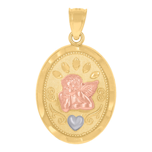 14K Gold Unisex Tri-Color Cupid Heart Oval Ht:27.1Mm Pendant Charm
