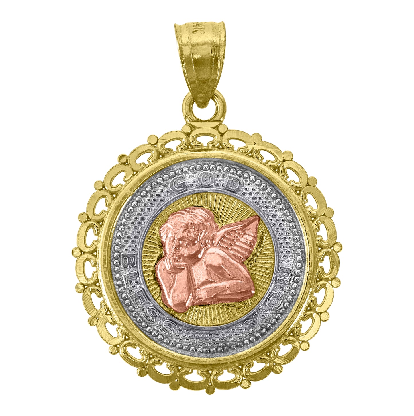 14K Gold Unisex Tri-Color Cupid Heart Round Medallion Ht:27.5Mm Pendant Charm