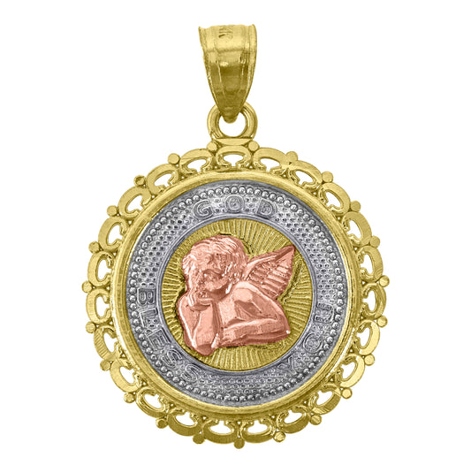 14K Gold Unisex Tri-Color Cupid Heart Round Medallion Ht:27.5Mm Pendant Charm