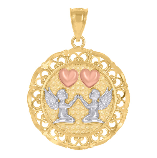 14K Gold Unisex Tri-Color Cupid Heart Round Medallion Ht:29.1Mm Pendant Charm