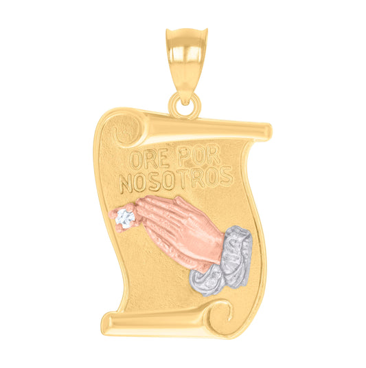 14K Gold Unisex Tri-Color Cubic-Zirconia Praying Hands Ore Por Nosotros Ht:27.3Mm Pendant