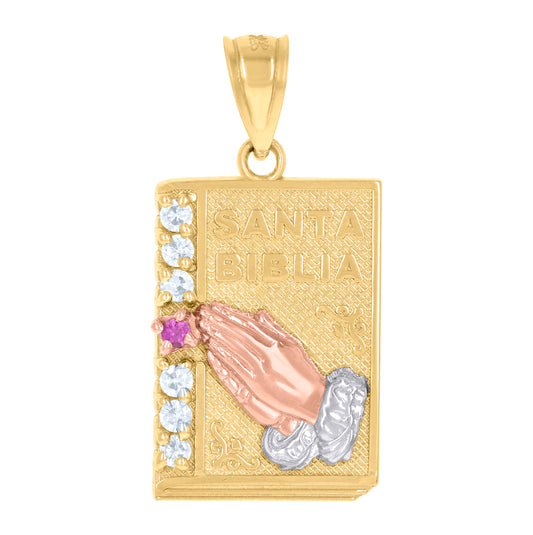 14K Gold Unisex Tri-Color Cubic-Zirconia Santa Biblia Praying Hands Ht:26.5Mm Pendant Charm