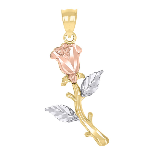 14K Tri-Color Gold Womens Diamond-Cut Textured Rose Charm Pendant