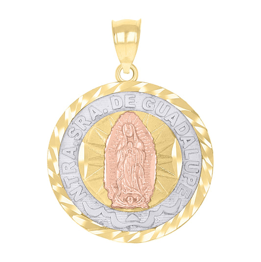 14K Gold Unisex Tri-Color Diamond-Cut Our Lady Of Guadalupe Marry Medallion Religious Ht:27.1Mm Pendant