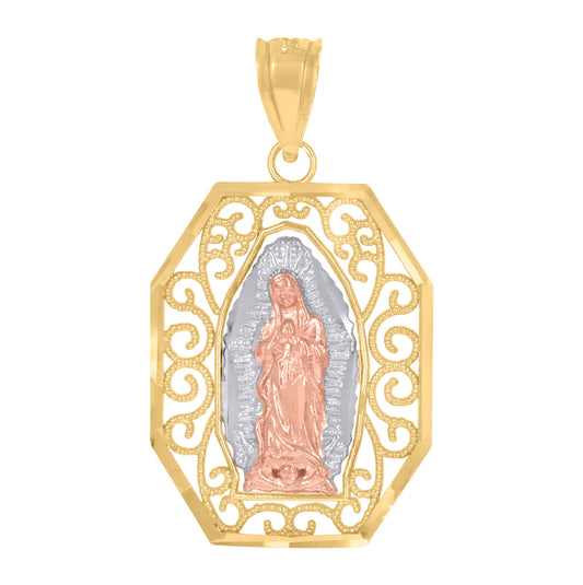 14K Tri-Color Gold Unisex Diamond-Cut Textured Lady Of Guadalupe Religious Charm Pendant