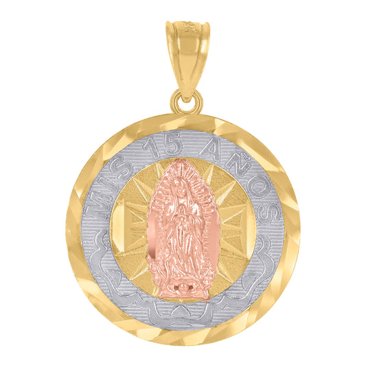 14K Gold Womens Tri-Color Diamond-Cut Mis 15 Anos Guadalupe Ht:15.5Mm Quinceanera Pendant