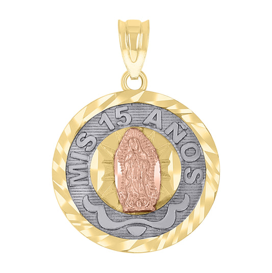 14K Gold Womens Tri-Color Diamond-Cut Mis 15 Anos Guadalupe Round Quinceanera Ht:23Mm Pendant Charm