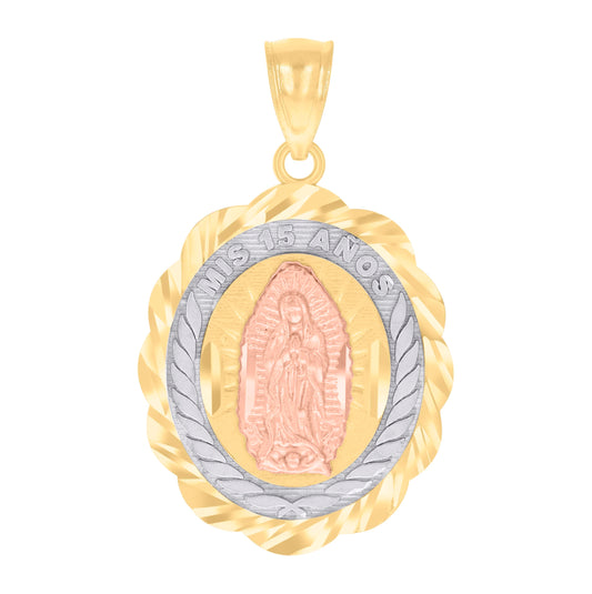 14K Gold Womens Tri-Color Diamond-Cut Mis 15 Anos Guadalupe Oval Quinceanera Ht:29.2Mm Pendant Charm