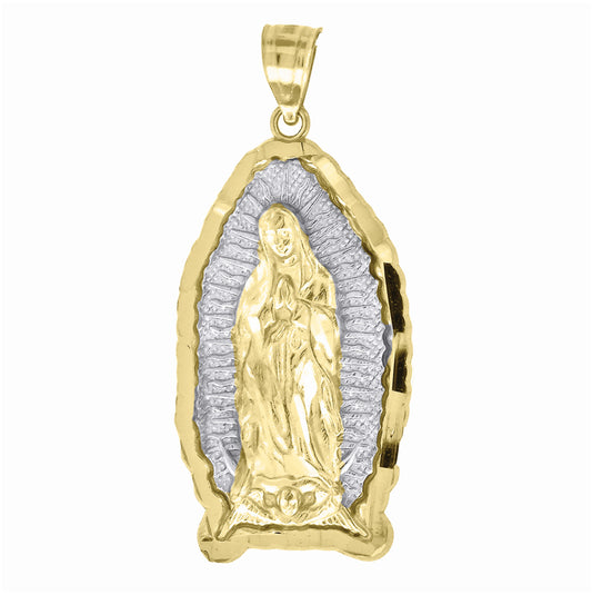 14K Gold Unisex Two-Tone Diamond-Cut Guadalupe Mary Ht:36.6Mm Religious Pendant Charm