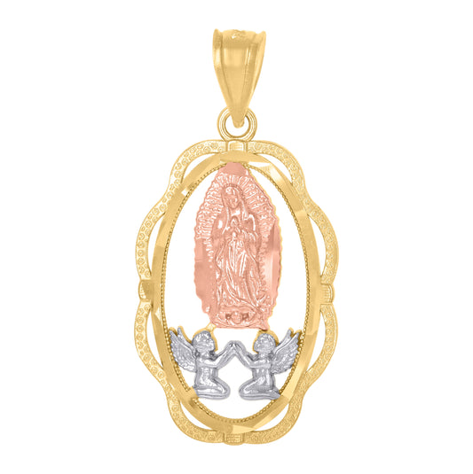 14K Gold Womens Tri-Color Diamond-Cut Guadalupe Angel Oval Religious Ht:30Mm Pendant Charm