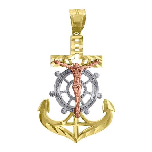 14K Gold Unisex Tri-Color Diamond-Cut Anchor Cross Crucifix Religious Ht:41Mm Pendant Charm