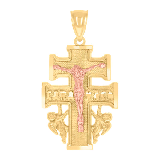 14K Gold Unisex Tri-Color Caravaca Cross Crucifix Angels Religious Ht:34Mm Pendant Charm