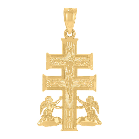 14K Yellow Gold Womens Caravaca Cross Crucifix Angel Ht:27.9Mm Religious Pendant Charm