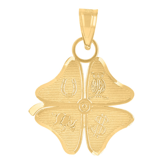 14K Yellow Gold Unisex Diamond-Cut Lucky Clover Leaf Ht:21.6Mm Good Luck Pendant Charm