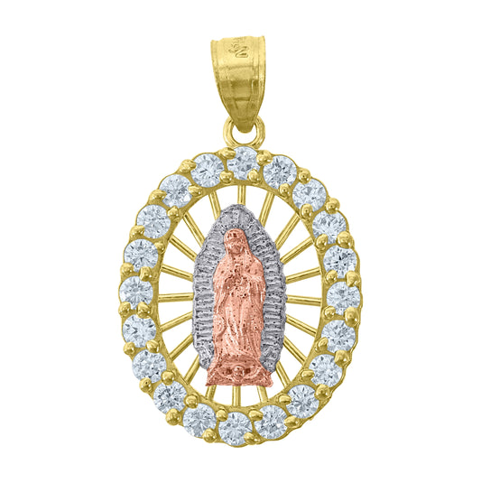 14K Gold Womens Tri-Color Cubic-Zirconia Guadalupe Mary Oval Religious Ht:28.1Mm Pendant Charm