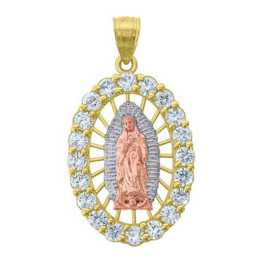 14K Tri-Color Gold Unisex Cubic Zirconia Diamond-Cut Textured Lady Of Guadalupe Religious Charm Pendant