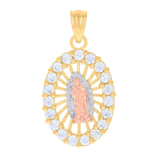 14K Gold Womens Tri-Color Cubic-Zirconia Guadalupe Mary Oval Religious Ht:23.8Mm Pendant Charm