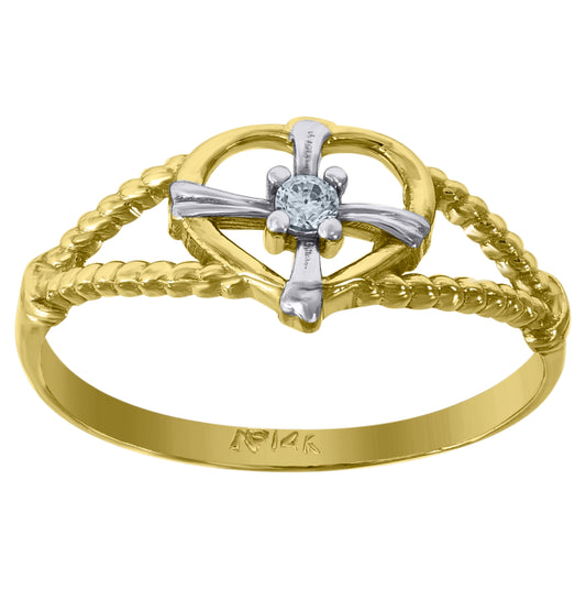 14K Gold Womens Two-Tone Cubic-Zirconia Size 7 Heart Ring Band