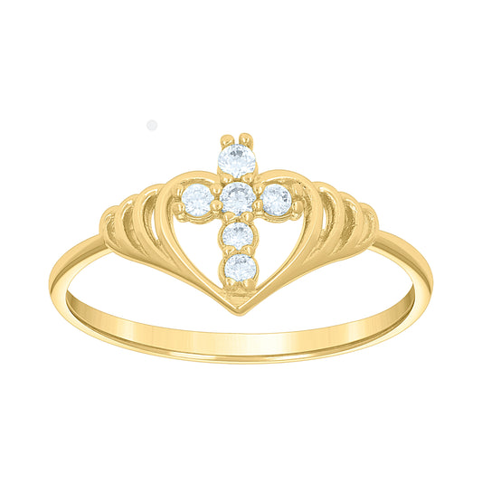 14K Yellow Womens Gold Cubic Zirconia Cross Heart Ring