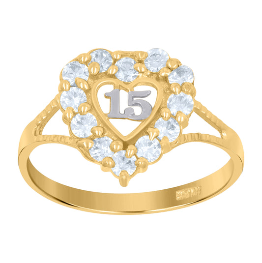 14K Gold Womens Two-Tone Cubic-Zirconia 15 Anos Heart Size 7 Quinceanera Ring Band
