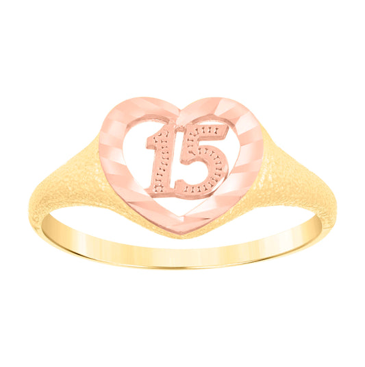 14K Gold Womens Tri-Color Diamond-Cut Heart 15 Anos Size 7 Quinceanera Ring Band