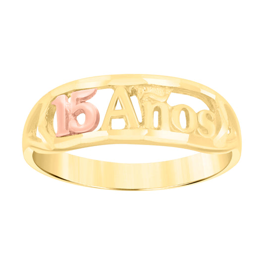 14K Gold Womens Tri-Color Diamond-Cut 15 Anos Size 7 Heart Quinceanera Ring Band