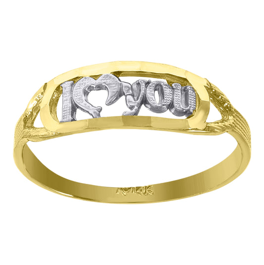 14K Gold Womens Two-Tone Diamond-Cut I Love You Heart Size 7 Ring Band