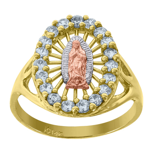 14K Gold Womens Tri-Color Cubic-Zirconia Guadalupe Mary Size 7 Oval Head Religious Ring Band