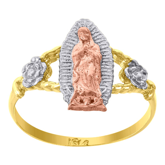 14K Gold Womens Tri-Color Cubic-Zirconia Guadalupe Mary Flower Size 7 Religious Ring Band