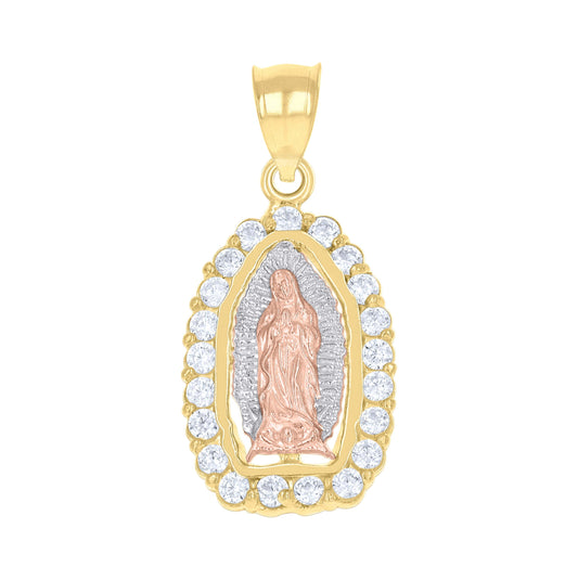14K Gold Unisex Tri-Color Cubic-Zirconia Guadalupe Mary Religious Ht:25.5Mm Pendant Charm