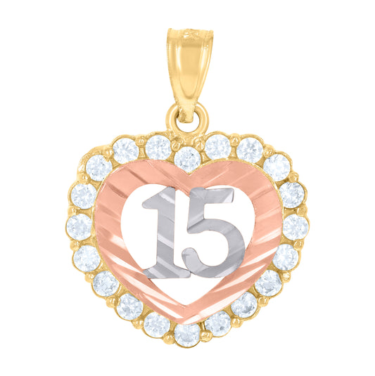 14K Gold Womens Tri-Color 15 Anos Heart Quinceanera Ht:20.3Mm Pendant Charm