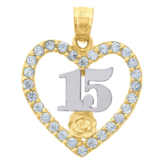 14K Gold Womens Two-Tone Cubic-Zirconia 15 Anos Heart Quinceanera Ht:21.7Mm Pendant Charm