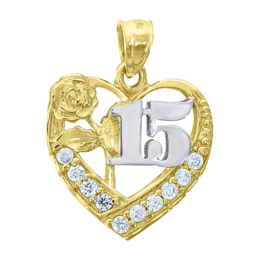 14K Gold Womens Two-Tone Cubic-Zirconia 15 Anos Heart Quinceanera Ht:20.1Mm Pendant Charm