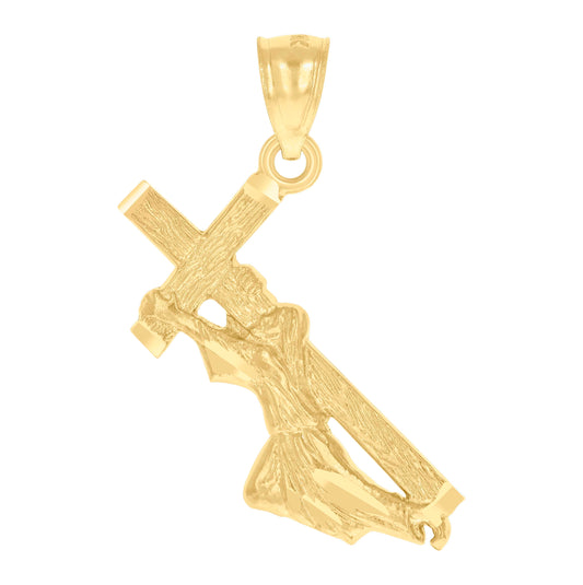 14K Yellow Gold Unisex Diamond-Cut Jesus Carrying Cross Religious Ht:20.5Mm Pendant Charm