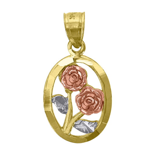 14K Gold Womens Tri-Color Flower Oval Ht:22.8Mm Pendant Charm