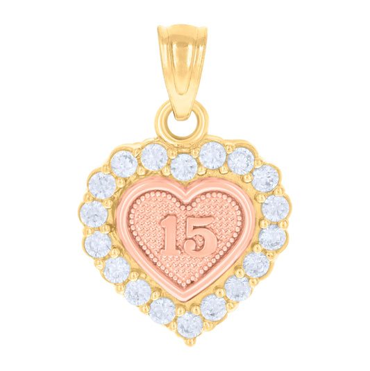 14K Gold Womens Tri-Color Cubic-Zirconia 15 Anos Heart Quinceanera Ht:18.1Mm Pendant Charm