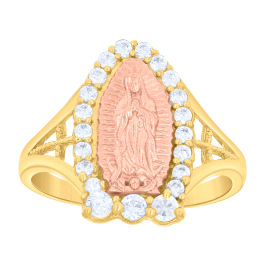 14K Tri-Color Gold Womens Cubic Zirconia Lady Of Guadalupe Religious Ring