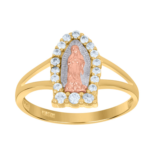 14K Tri-Color Gold Womens Cubic Zirconia Lady Of Guadalupe Religious Ring