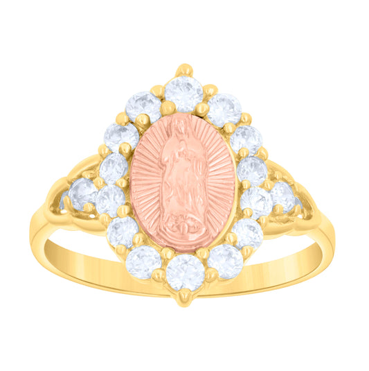 14K Gold Womens Tri-Color Cubic-Zirconia Guadalupe Mary Oval Head Size 7 Religious Ring Band