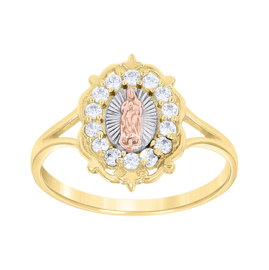 14K Gold Womens Tri-Color Cubic-Zirconia Guadalupe Mary Size 7 Religious Ring Band