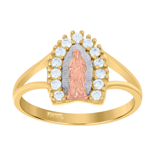 14K Gold Womens Tri-Color Cubic-Zirconia Guadalupe Mary Size 7 Religious Ring Band
