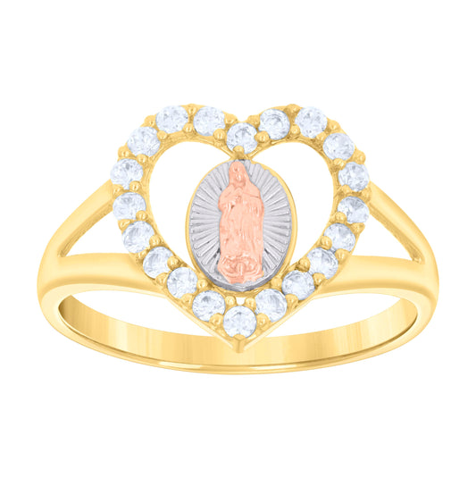 14K Gold Womens Tri-Color Cubic-Zirconia Guadalupe Mary Heart Size 7 Religious Ring Band