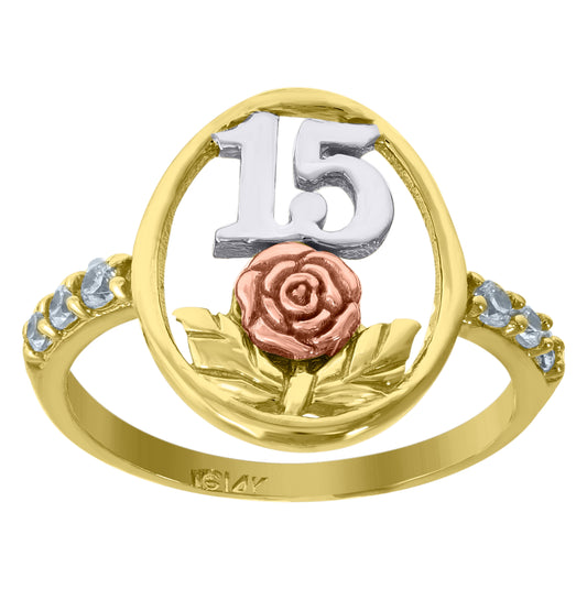 14K Gold Womens Tri-Color Cubic-Zirconia 15 Anos Flower Rose Size 7 Quinceanera Ring Band